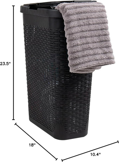 Mind Reader Slim Laundry Hamper with Lid, 40L Clothes Basket, Narrow Tapered Design with Ventilated Cutout Pattern, Plastic, Black