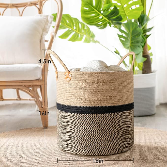 CHICVITA Extra Large Jute Woven Storage Basket with Handles – Laundry Basket Toy Towels Blanket Basket Home Decor Gift, 16" x 16", Black