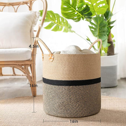CHICVITA Extra Large Jute Woven Storage Basket with Handles – Laundry Basket Toy Towels Blanket Basket Home Decor Gift, 16" x 16", Black