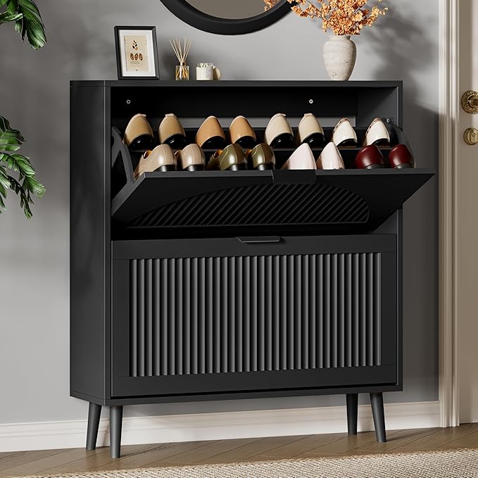 Xixini Shoe Storage Cabinet with 2 Flip Drawers, 36" Tall Narrow Wood Fluted Shoe Organizer for Entryway, Freestanding Wooden Hidden Slim Shoe Rack for Front Door Entrance, Hallway, Foyer, Solid Black