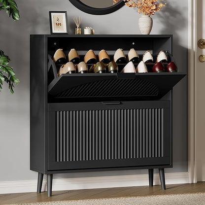 Xixini Shoe Storage Cabinet with 2 Flip Drawers, 36" Tall Narrow Wood Fluted Shoe Organizer for Entryway, Freestanding Wooden Hidden Slim Shoe Rack for Front Door Entrance, Hallway, Foyer, Solid Black