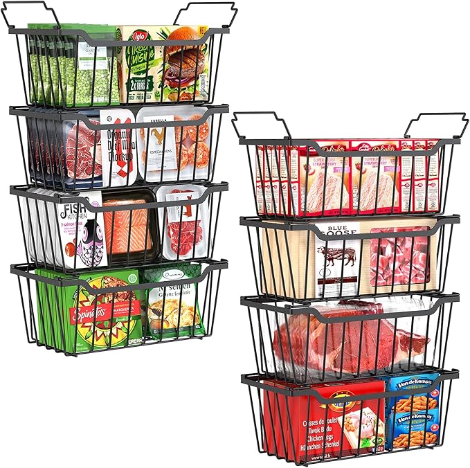 SUNALLY Freezer Organizer Bins, 8 Pack Stackable Chest Freezer Organizer for 5-7 Cu.FT Deep Freezer Sort Frozen Meats and Food, Freezer Storage Baskets with Handles Easy Reach from Bottom, Black