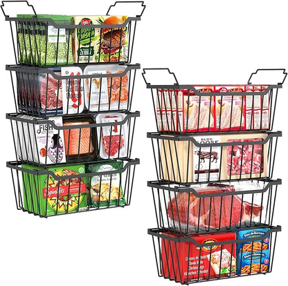 SUNALLY Freezer Organizer Bins, 8 Pack Stackable Chest Freezer Organizer for 5-7 Cu.FT Deep Freezer Sort Frozen Meats and Food, Freezer Storage Baskets with Handles Easy Reach from Bottom, Black