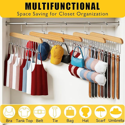 Bra Hangers 3 Pack - with 16 Non-Slip 360Rotating Metal Hooks for Tie, Hat, Bra, Wooden Multi Hook Hanger - Saves Space