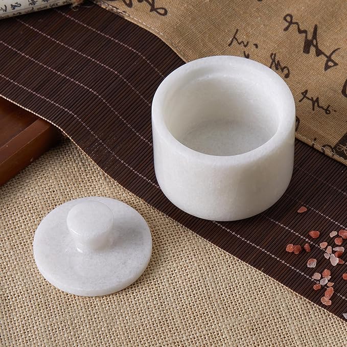 Natural Marble Salt Cellar with Lid, Stone Salt Bowl,Spice jar,Handcrafted Seasoning Storage Box for Kitchen Counte (White)
