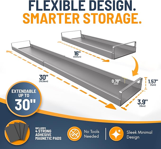 Extendable Steel Over the Stove Shelf for Back of Stove (16 to 30 Inches) Magnetic Stove Top Shelf for Kitchen Stove, Over Stove Shelf for Back of Stove - Over the Stove Spice Rack Shelf (Grey)