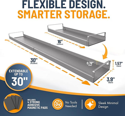 Extendable Steel Over the Stove Shelf for Back of Stove (16 to 30 Inches) Magnetic Stove Top Shelf for Kitchen Stove, Over Stove Shelf for Back of Stove - Over the Stove Spice Rack Shelf (Grey)