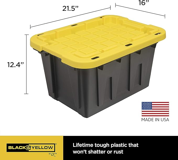 CX BLACK & YELLOW 12-Gallon Heavy Duty Storage Bins with Lids, Stackable Plastic Storage Bins with Weather-Resistant Design, Home Organization, 4 Pack (12.51H x 16.3W x 21.8D)
