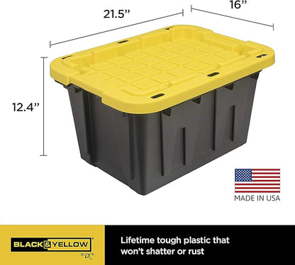 CX BLACK & YELLOW 12-Gallon Heavy Duty Storage Bins with Lids, Stackable Plastic Storage Bins with Weather-Resistant Design, Home Organization, 4 Pack (12.51H x 16.3W x 21.8D)