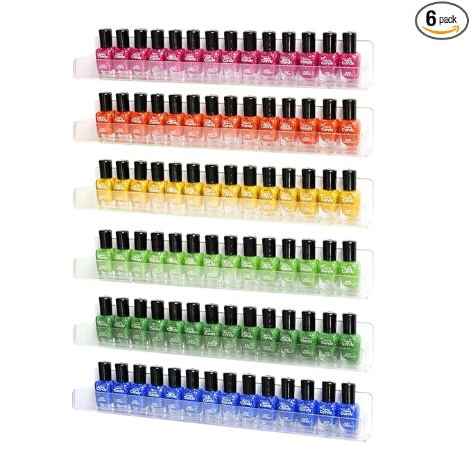 Nail Polish Organizer Wall Mounted, 6 Pack Clear Nail Polish Wall Rack, Acrylic Display Shelf Stand Holder for Paint Tattoo Ink Essential Oil Alcohol Holds Up to 90 Bottles,15 Inch