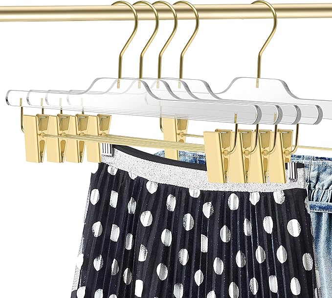Quality Lucite Acrylic Clear Skirt Pants Hangers 90-Pack, Matte Gold, with Adjustable Metal Clips, Made of Clear Acrylic for a Luxurious Look and Feel with Swivel Hook, Trousers Bottom Hangers