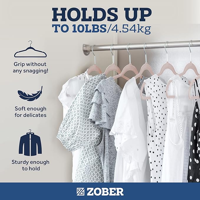 ZOBER Blush Velvet Hangers 50 Pack - Clothes Hangers, Coat Hanger for Pants & Dress Clothes - Non Slip w/ 360 Degree Swivel, Holds up to 10 lbs - Strong Felt Hanger for Clothing