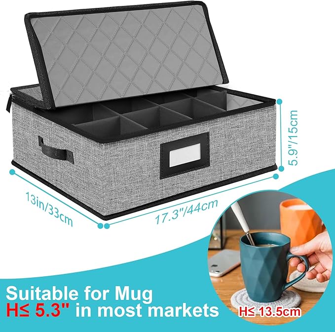 Quilted Mug Cup Storage Box-China Storage Containers Hard Shell,Cup Storage Containers with Lid for Moving Transport,Kichen Dinnerware Storage