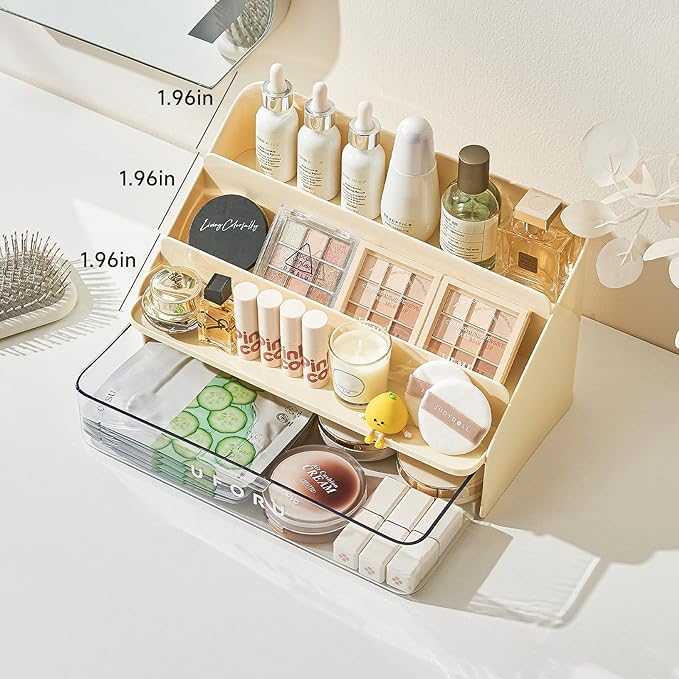 UFORU 3-Tier Display Riser with Large Detachable Drawer, Plastic Storage Shelf, Perfume and Cologne Organizer Stand, Makeup Organizer for Vanity, Bathroom, Office, Cream White
