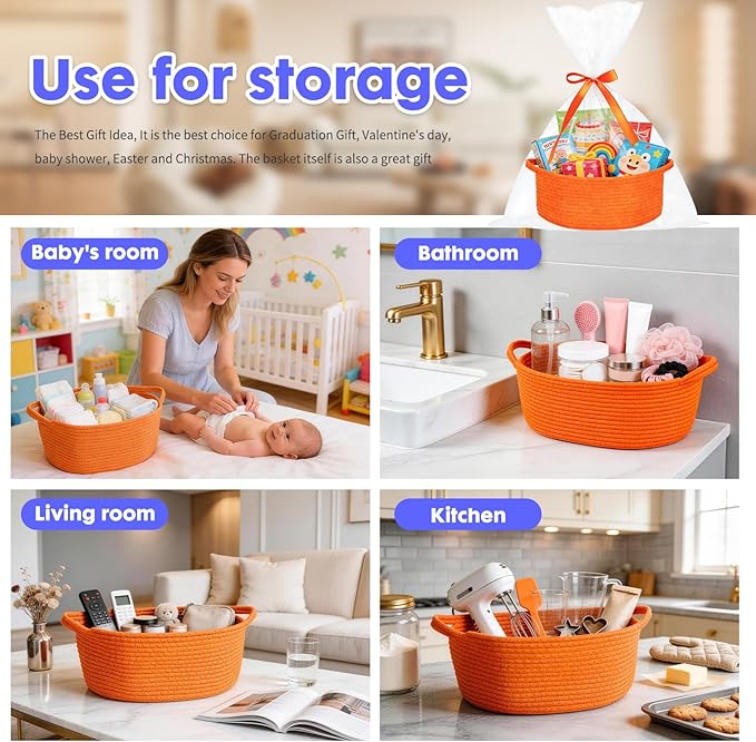 ShellKingdom Storage Basket with Handles, Empty Gift Basket with Gift Bags and Ribbon, Small Woven Baskets for Home, Nursery Storage Organizer, 12 X 8 X 5 INCH, Orange