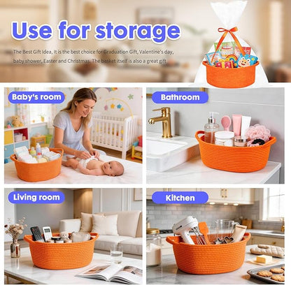 ShellKingdom Storage Basket with Handles, Empty Gift Basket with Gift Bags and Ribbon, Small Woven Baskets for Home, Nursery Storage Organizer, 12 X 8 X 5 INCH, Orange