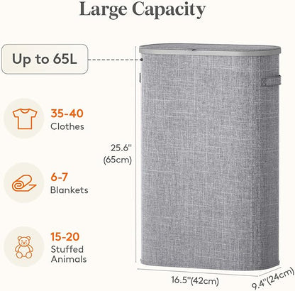 Lifewit Slim Laundry Basket with Lid, Narrow Large Laundry Hamper with Plastic Handles and Removable Bag, Tall Foldable Dirty Clothes Hampers for Laundry Room, Bedroom, Bathroom, Dorm, 65L Gray