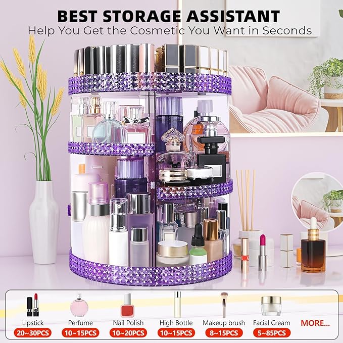 360 Degree Rotating Makeup Organizer, Extra Large Capacity Cosmetics Organizer, Removable 7 Layers Skincare Organizers, Spinning Perfume Organizer, Dresser Organizer Countertop (Purple)