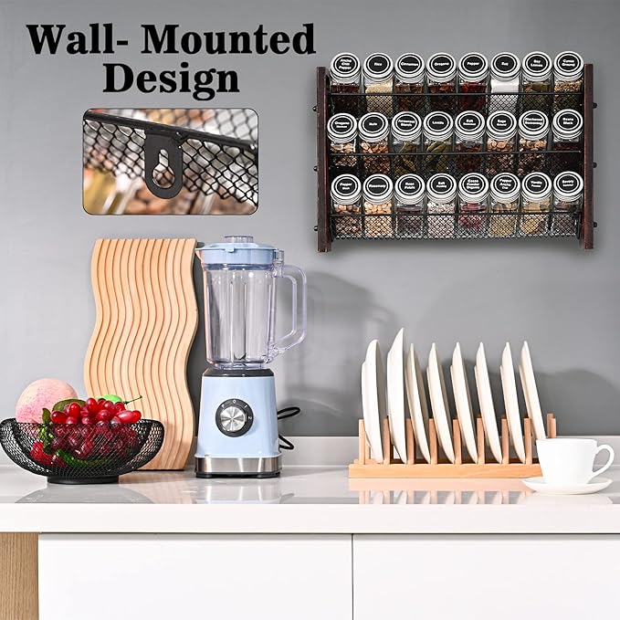 Spice Rack, Spice Rack Organizer without Seasoning Jars, Wooden Rustic 3 Tier Kitchen Spice Organizer Shelf for Cabinet, Countertop or Wall Mount