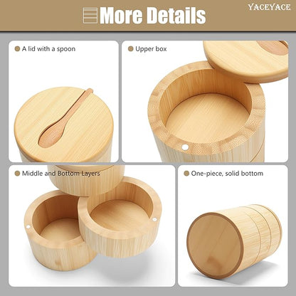 Bamboo Salt Cellar Bowl Box, 10oz Three-layer Small Salt and Pepper Containers, Bamboo Container Box with Lid and Spoon for Salt, Pepper
