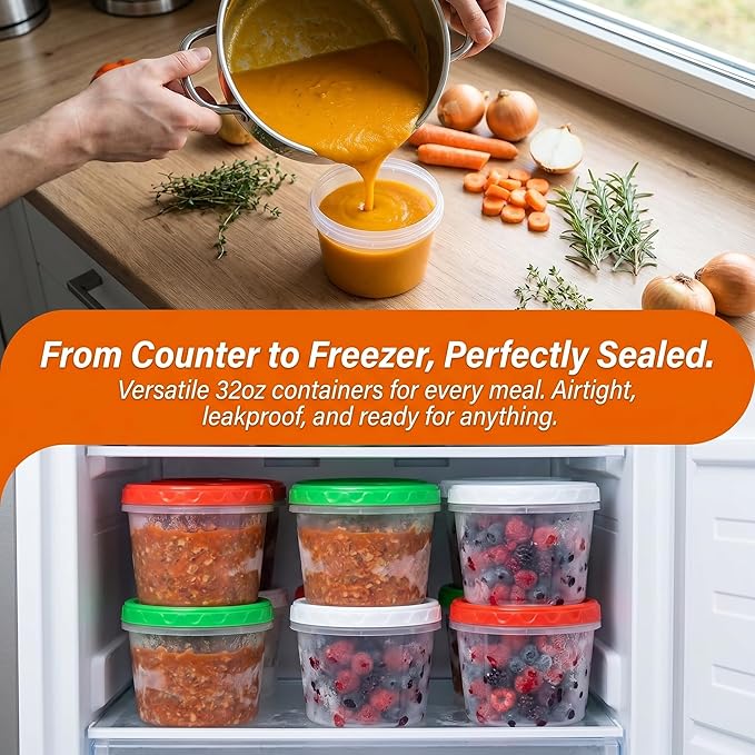 EONJOE 32oz Plastic Containers with Lids,Reusable Freezer Meal Prep Food Leftover Storage Jars Bowls Stackable,12-pack