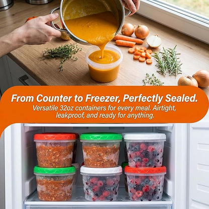 EONJOE 32oz Plastic Containers with Lids,Reusable Freezer Meal Prep Food Leftover Storage Jars Bowls Stackable,12-pack