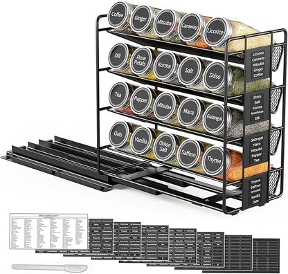 SpaceAid Pull Out Spice Rack Organizer with 20 Jars, Heavy Duty Slide Out Seasoning Organizer for Kitchen Cabinets, with 801 Labels and Chalk Marker, Left Facing