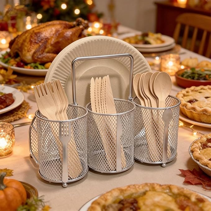 Silverware Organizer Utensil Caddy - 4 Compartment Metal Cutlery Holder Flatware Storage Basket Fork Spoon Napkin Paper Plate Kitchen Countertop Party Picnic Camping Buffet Outdoor (Silver)