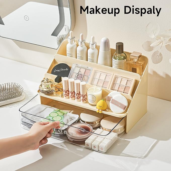 UFORU 3-Tier Display Riser with Large Detachable Drawer, Plastic Storage Shelf, Perfume and Cologne Organizer Stand, Makeup Organizer for Vanity, Bathroom, Office, Cream White