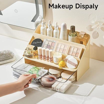UFORU 3-Tier Display Riser with Large Detachable Drawer, Plastic Storage Shelf, Perfume and Cologne Organizer Stand, Makeup Organizer for Vanity, Bathroom, Office, Cream White