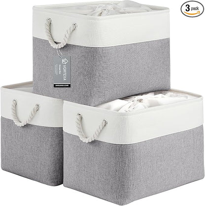 Large Storage Baskets- 16x12x12 inch Storage Bins for Shelves and Closet Organizing, Foldable Fabric Bin for Home Organization Clothes and Laundry (3-Pack, White&Gray)