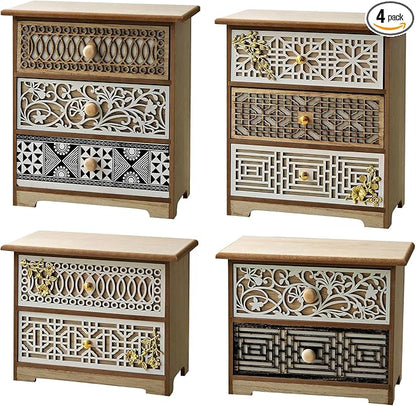Set of 4 Decorative Solid Wood Drawer Organizers with Artisan Lattice Fronts — Vintage Eastern-Inspired Desktop Storage, Stackable Small Drawer Cabinets for Counters Countertops Cabinet Top