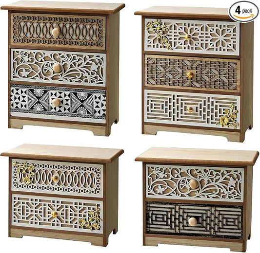 Set of 4 Decorative Solid Wood Drawer Organizers with Artisan Lattice Fronts — Vintage Eastern-Inspired Desktop Storage, Stackable Small Drawer Cabinets for Counters Countertops Cabinet Top