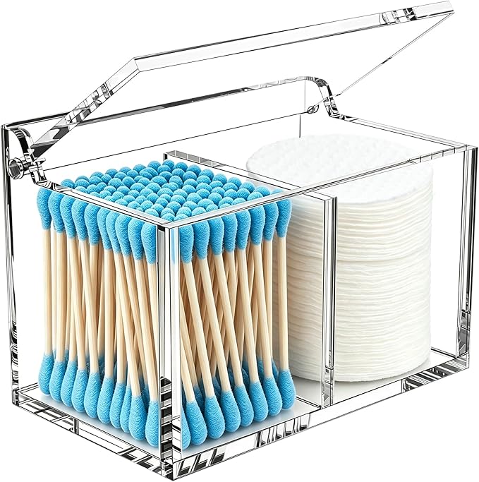 Qtip Holder Dispenser for Cotton Swabs, Balls, Pads, Floss Picks, 2 Compartments Clear Acrylic Container with Lid Apothecary Jar Bathroom Accessories Canister Vanity Storage Organizer