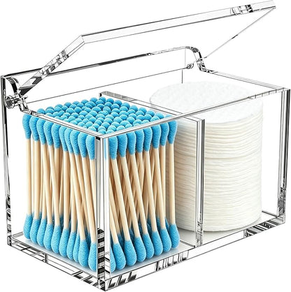 Qtip Holder Dispenser for Cotton Swabs, Balls, Pads, Floss Picks, 2 Compartments Clear Acrylic Container with Lid Apothecary Jar Bathroom Accessories Canister Vanity Storage Organizer