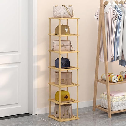 MHXW SXPN Bamboo Free Standing Shoe Rack Shelf Multi Tier Tall Wooden Stackable Shoes Rack Organizer for Closet Front Door Entrance Narrow Vertical Shoe Storage (Bamboo, 7 Tiers)