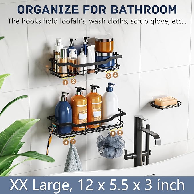 OMAIRA 3-Pack Shower Caddy with Soap Holder, Adhesive Rustproof No-drill Strudy Loading Inside Shower Organizer Shelves Rack Storage Bathroom Organization for Smooth Wall Glass Tile, Black (X-Large)