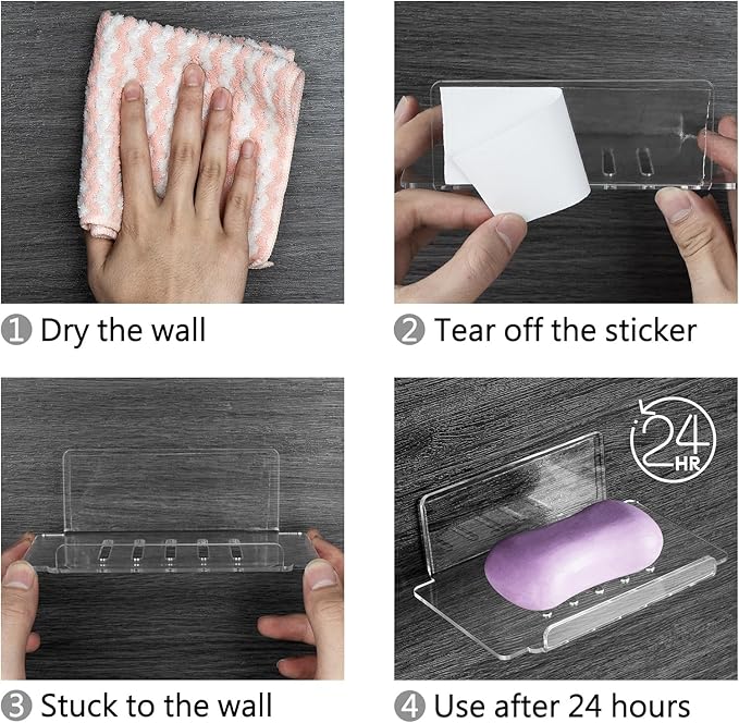 Self Adhesive Soap Dish Wall Mounted, 5 Slot Acrylic Soap Saver, Sponge Soap Holder for Shower Wall, Bathroom, Kitchen (Clear)