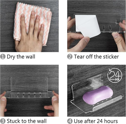 Self Adhesive Soap Dish Wall Mounted, 5 Slot Acrylic Soap Saver, Sponge Soap Holder for Shower Wall, Bathroom, Kitchen (Clear)