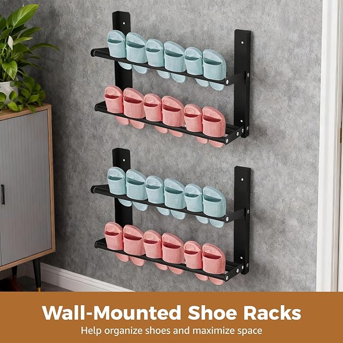 2 Pcs Wall Mounted Expandable Hanging Shoe Rack 14.6-26.4 in, Foldable Metal Space Saving Organizer with Nail-Free Stickers, No-Drill Installation, Black