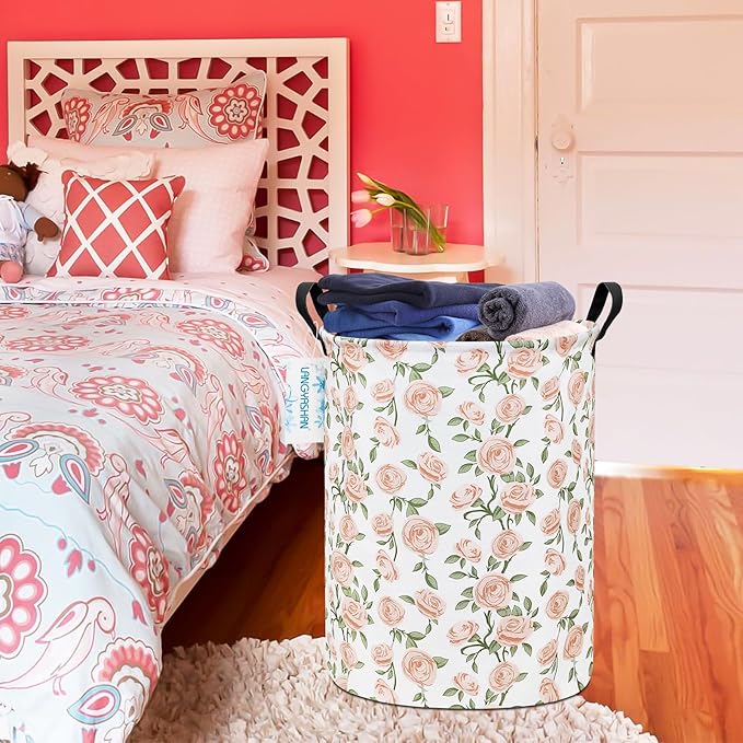 Laundry Basket Canvas Fabric Collapsible Organizer Basket for Storage Bin Toy Bins Gift Baskets Bedroom Clothes Children Nursery Hamper (Rose)