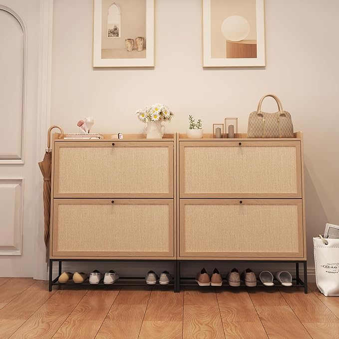 AVZEAR Narrow Shoe Storage Cabinet for Entryway with 2 Flip Drawers, Freestanding Shoe Cabinet with Natural Linen Panel, Slim Wood Shoe Organizer Closed Shoe Rack for Hallway, Foyer, Natural