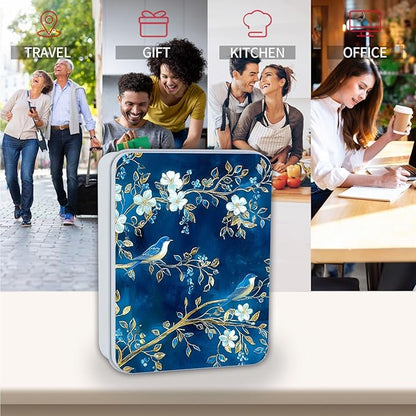 Exquisite Metal Tin Box Sturdy Metal Storage Box with Lid, Blue Birds Flowers Large Container Holder for TCG Cards, Car Keys, Cookies, Tin Containers for Gift, 5.0x3.7x1.6 Inch