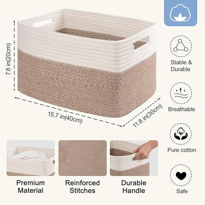 4 Pack Storage Baskets for Organizing, Woven Baskets for Shelves - Perfect for Toys, Books, Towels, and Clothes, Durable Gift Basket Bins Toy Storage, 15.7''Lx11.8''Wx7.8''H, Brown & White