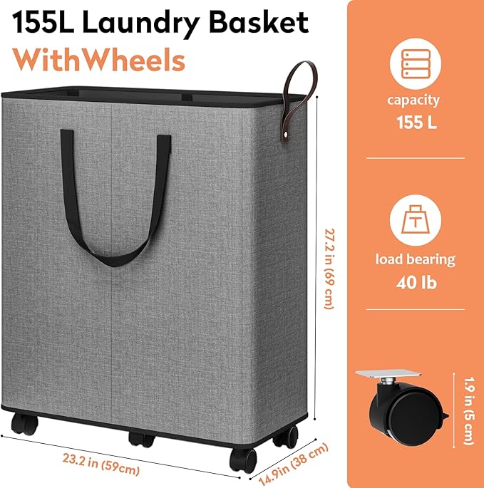 SpaceTrove Laundry Basket with Wheels, Collapsible Laundry Baskets, Laundry Hamper with Handles Detachable Wheels, Rolling Laundry Basket, Dirty Clothes Hamper for Bathroom, Dorm, Bedroom, Grey, 155L