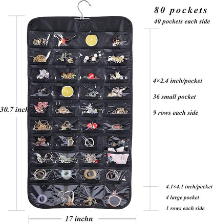Cemueo Hanging Jewelry Organizer, Double Sided 80 Pocket Jewelry Chain Storage Bag 2 Layer of Fabric Jewelry Organizer Holder for Necklace Bracelet Earring Ring Chain Knitting Tool-Black