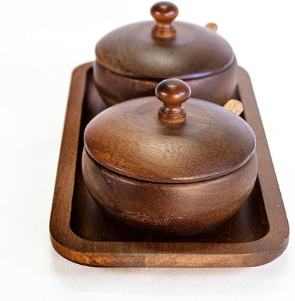 Berghoff Acacia Wood 7Pc Spice Jar Set, Display Tray 10" x 5.12" x 93.5", Elegant Design, Durable, Resusable, Pre-seasoned With Vegetable Oil, Brown