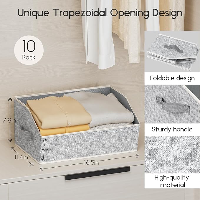 Homsorout Large Closet Organizers and Storage Bins - 8 Pack Trapezoid Storage Baskets for Shelves, Foldable Fabric Baskets with Handles Ideal for Closet, Basket, Wardrobe and Shelf Storage, Light Grey