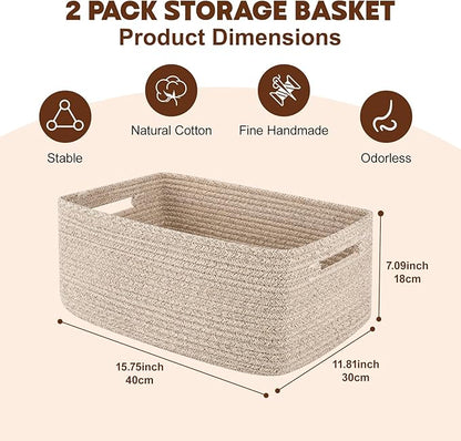 OIAHOMY Storage Basket for Shelves, Closet Cube Storage Bins Baskets for Clothes Blanket Towels, Baby Nursery, Toy Baskets Box, Woven Rope Basket, 15.75 * 11.81 * 7.09 IN, 2 Packs Brown