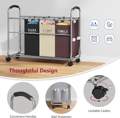 Tajsoon Laundry Sorter 4 Sections, Laundry Separator Hamper with Heavy Duty Lockable Rolling Wheels, Laundry Divider with Removable Bags for Dirty Clothes Storage, 4 Colors